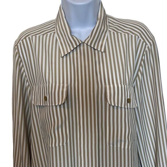 Notations Vtg 10 Tan White Stripe Button Down Silky Blouse Secretary Workwear - Picture 3 of 6